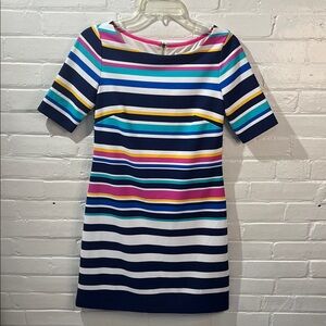 Eliza J Navy Striped Mini Dress with Pink, Teal & Yellow Accents